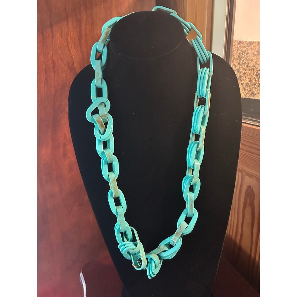 Vintage Chunky Turquoise Acrylic Statement Necklace Marbled Resin Lucite Links